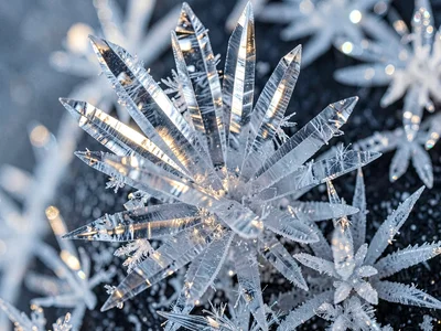 Hoar crystal cluster showing prismatic light refraction