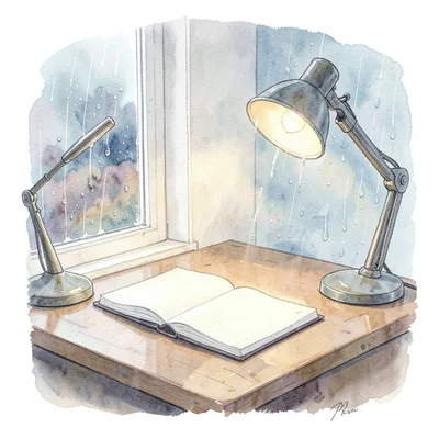 Pale wash of a desk by a rain-streaked window, lamp glow pooling on the page