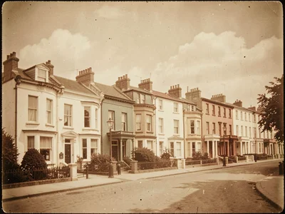 A row of Victorian terraced houses — warm sepia tones, soft sky, quiet street