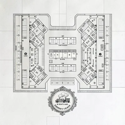 A modern train-station concourse plan with platform numbers, ticketing halls, ca