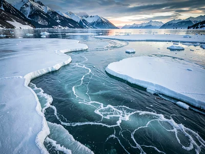 Frozen wave forms near shore showing water motion
