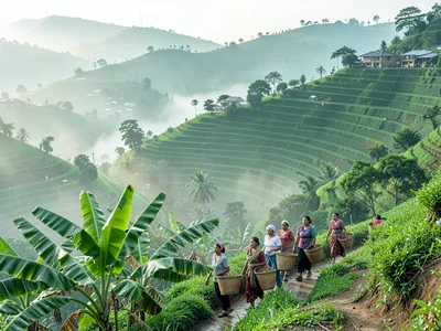 Emerald green hills through morning mist in Kigali, Rwanda, Women carrying baske
