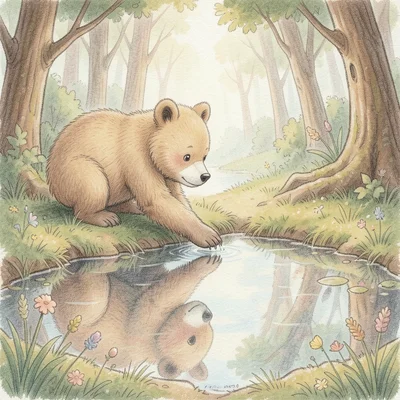 A bear cub discovering its reflection in a forest pool for the first time, reach