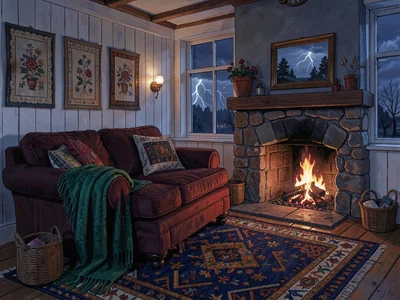 Heart-of-the-house cottage living room at storm-dusk with one peat fire glowing 