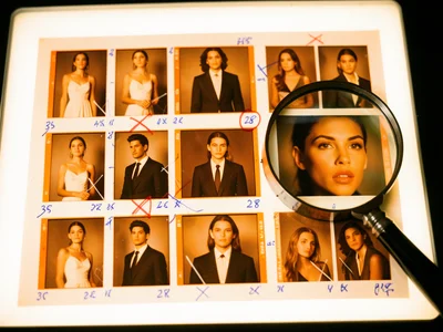 A contact sheet from a fashion editorial shoot, color negative film with its cha