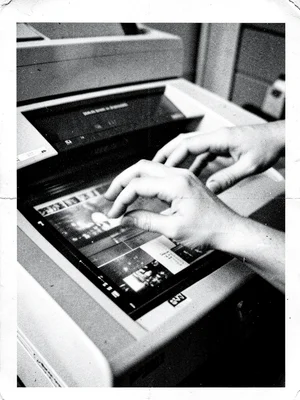 A hand reaching toward the copier glass captured mid-scan, motion blur streaking