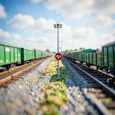 Marshalling yard tilt-shift photograph from a tall floodlight pole, saturated em
