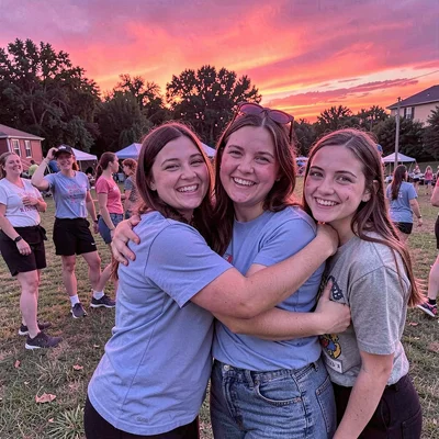 Last day of summer camp, counselors hugging goodbye, magenta cast making tears s