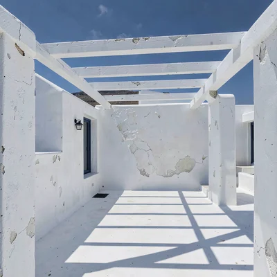 Cycladic whitewash study, Greek island lime, Geometric shadows of a pergola on w