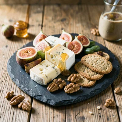 Artisan cheese board with figs, honey, walnuts, and crackers on a slate surface