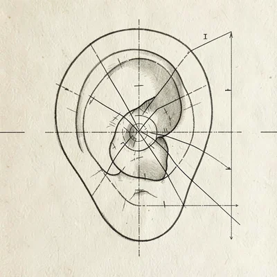 blueprint diagram of an ear with mapped pressure points, clean lines on warm cre