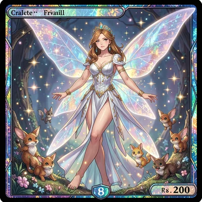 Trading card game illustration, a fairy queen with gossamer wings, surrounded by