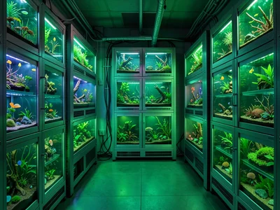 Server room but servers are terrariums, each rack a different biome, green light