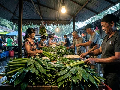 Humid tropical market light in Suva, Fiji, Taro leaves bundled for sale, dark gr