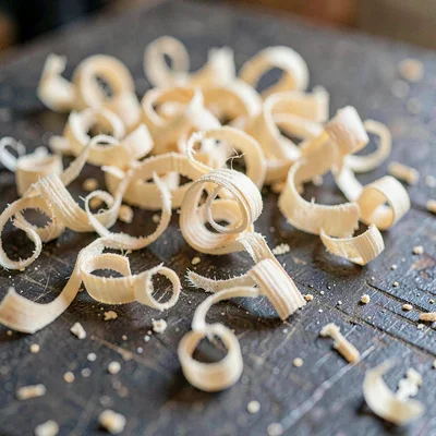 Macro of curls of pale wood shavings on a darker workbench surface