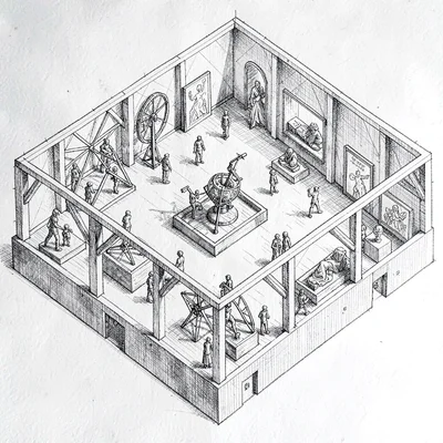 isometric drawing of a kinetic-sculpture exhibit hall