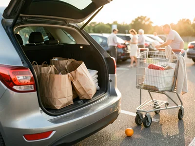 The moment of loading groceries into a car trunk, brown paper bags and reusable 