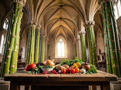 Gothic cathedral interior but columns are giant asparagus stalks, vaulted ceilin