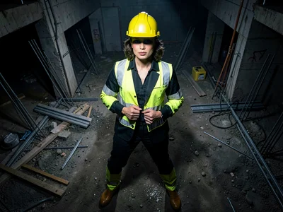 Blueprint examination with dramatic overhead light, intellectual construction gl
