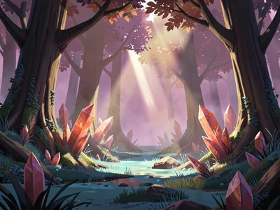 Crystal-tree glade pierced by a single shaft of magenta-gold sun, warm rose face