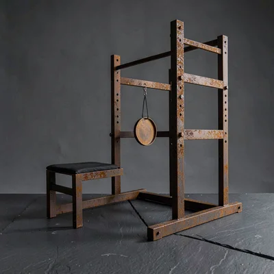 Geometric squat rack reduced to silhouette and accent plate, warm rust on dark s