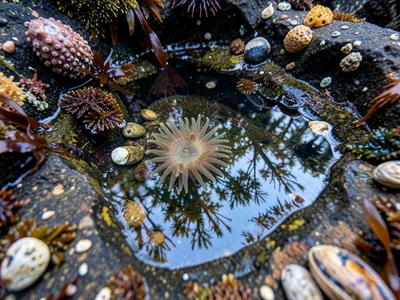 Puddle reflecting tree canopy, perfect inverted image in millimeters of water on