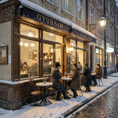 Habsburg café warmth surviving in Lviv, Ukraine, snow falling on illuminated caf