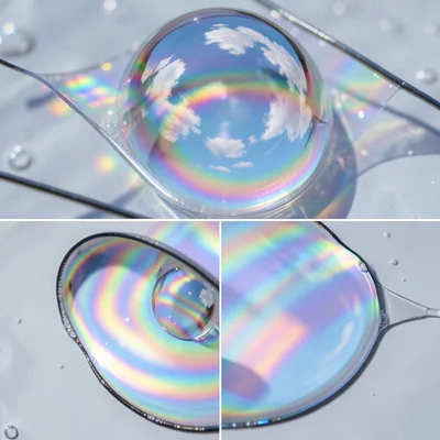 Soap bubble on a water surface, half-sphere reflecting sky above while water ref
