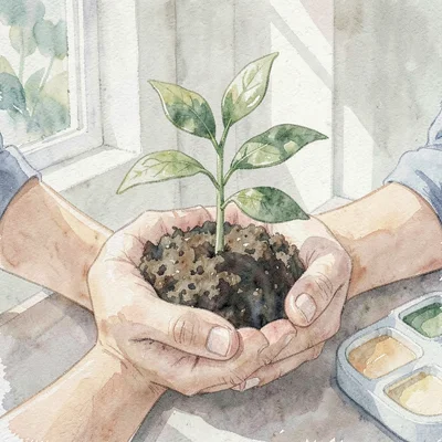Painterly onboarding illustration of a pair of hands cupping a small sprouting p
