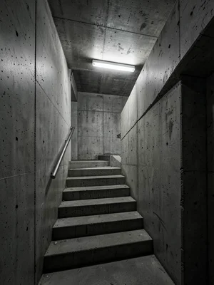 A concrete staircase with board-form texture — stairs descending in deep shadow