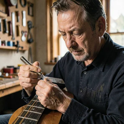 Atmospheric portrait of a luthier crowning a fret with a precise file