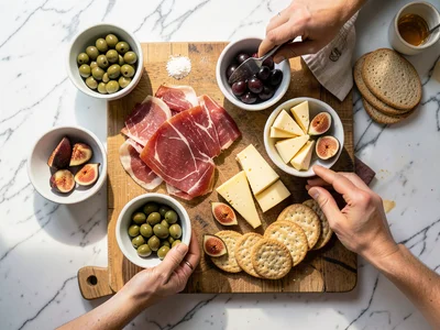 A charcuterie board being assembled: hands placing prosciutto, bowls of olives, 