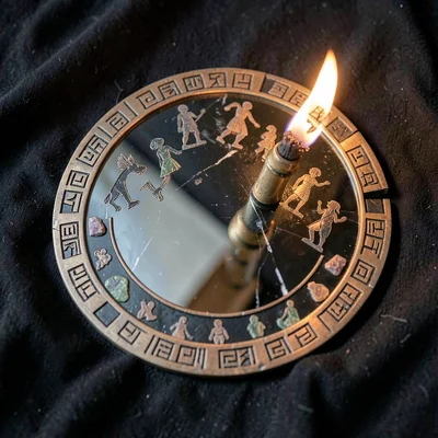 Obsidian mirror disk on dark cloth — reflective surface catching a candle flame