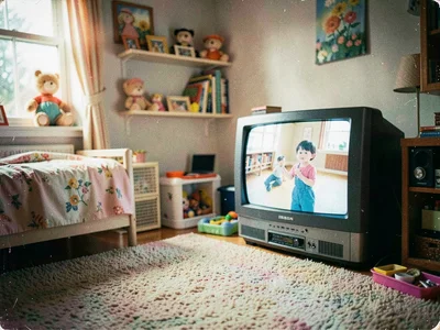 Childhood bedroom from the 1970s with modern flat-screen TV on shag carpet