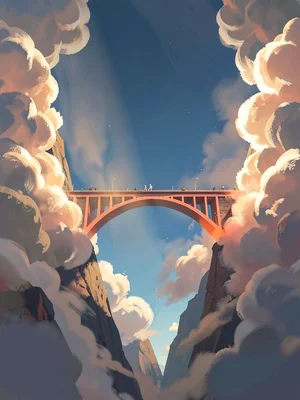 Sky-bridge between cloud peaks with a parting beam over the span, warm coral arc