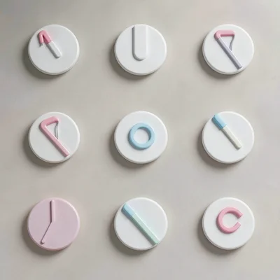 A 4x3 grid of abstract magnet mockups on a soft fridge-toned backdrop, magnets s