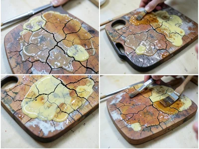 Paint drying on palette, wet to cracked, time stages in single frame