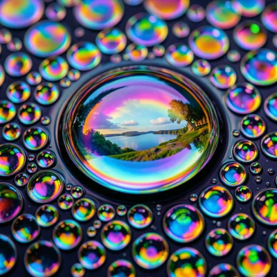 Single giant oil bubble on dark water, interior reflections creating a miniature