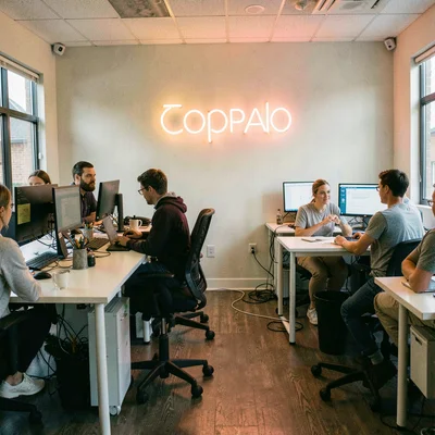 Documentary photograph, Open office with standing desks and monitors, neon compa