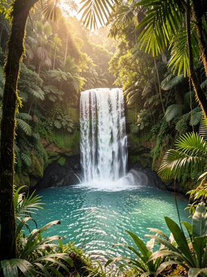Waterfall cascading into a turquoise pool, lush tropical vegetation framing the 
