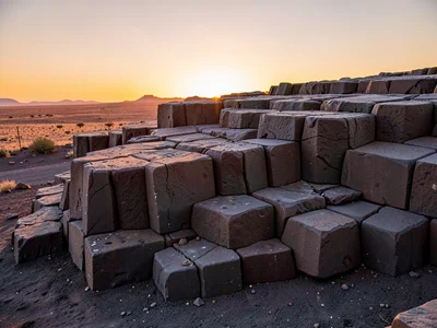 Basalt columns at sunset with warm light