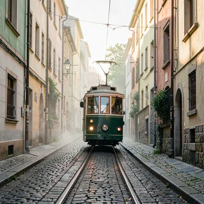 Opening spread of a tram threading a steep cobbled lane, late-afternoon light sk