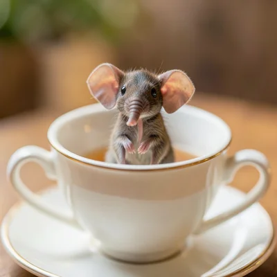 Tiny elephant the size of a mouse sitting in teacup, macro photography style