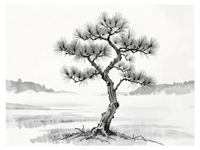 Single pine branch crossing empty fog field