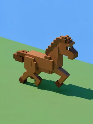 A single voxel horse galloping across a flat green plain under a flat blue sky
