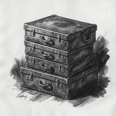 Charcoal study of stacked vintage leather suitcases, smudged corners, gestural c