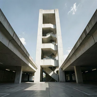 Parking garage stairwell tower viewed from below as monument