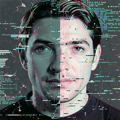 Glitch art illustration, portrait split into glitch layers , digital corruption 