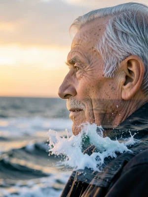 Elderly man's profile blended with crashing ocean waves at sunset, double exposu