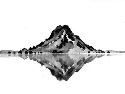 Lone mountain peak reflected in perfectly still water, horizon barely visible